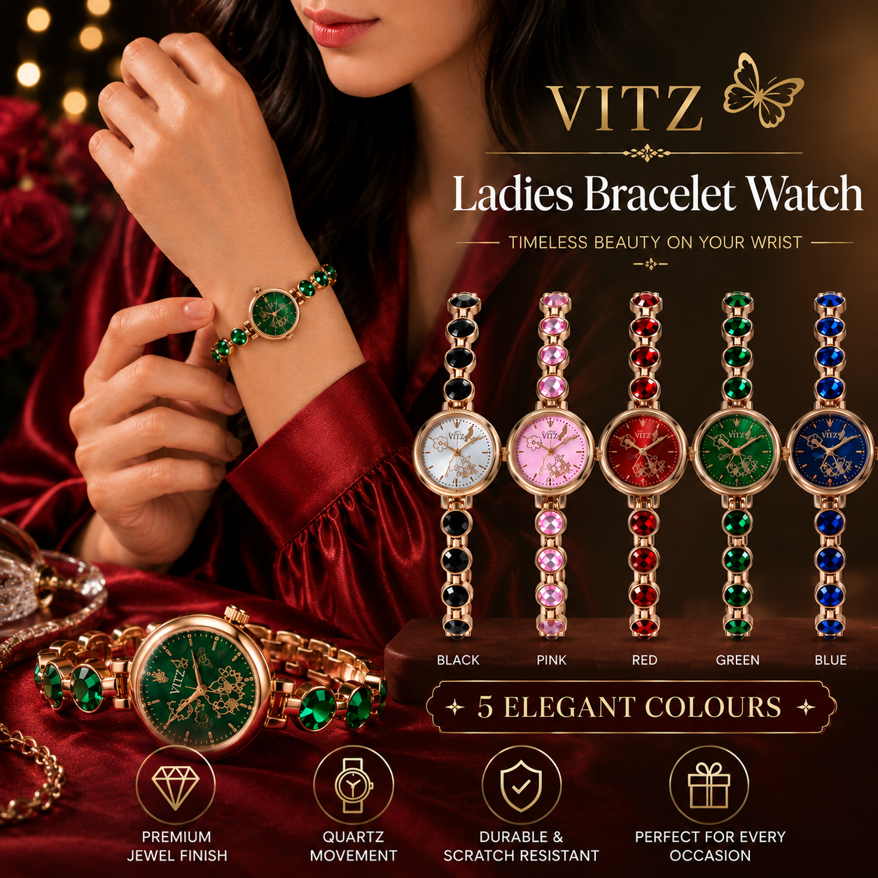 Luxury Bracelet Watch for Women - Premium Crystal Gem Strap Analog Quartz Wristwatch for Ladies & Girls | Elegant Flower Butterfly Design Churi Style Fancy Diamond Stone Chain Wrist Watches | Stylish Fashion Dress Gold Tone Female Jewelry Gift for Party