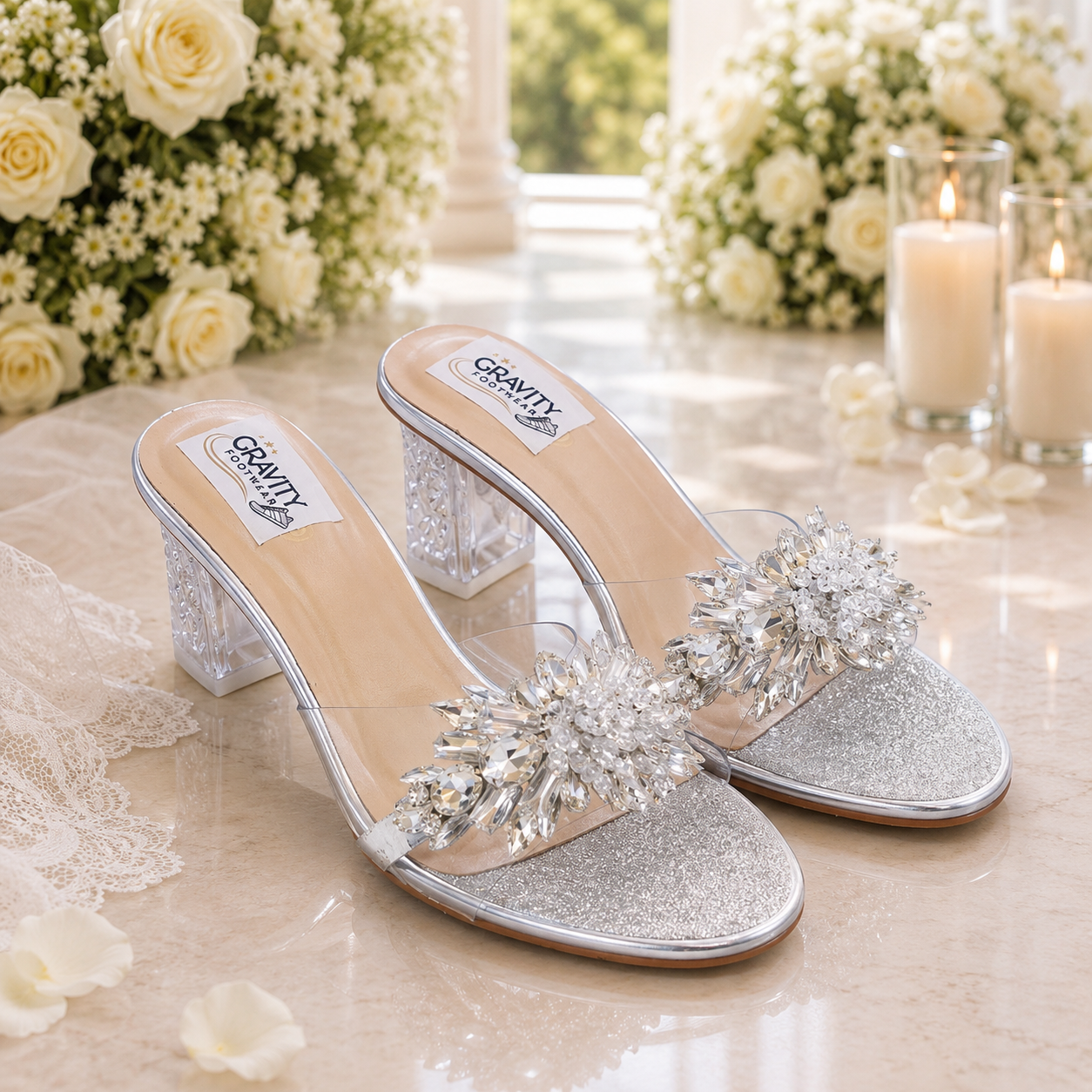 Trending Luxury Transparent Block Heels for Women | High Quality Rhinestone Crystal Party Wear Sandals | Soft Comfortable Fancy Clear Heels | Black, White & Gray