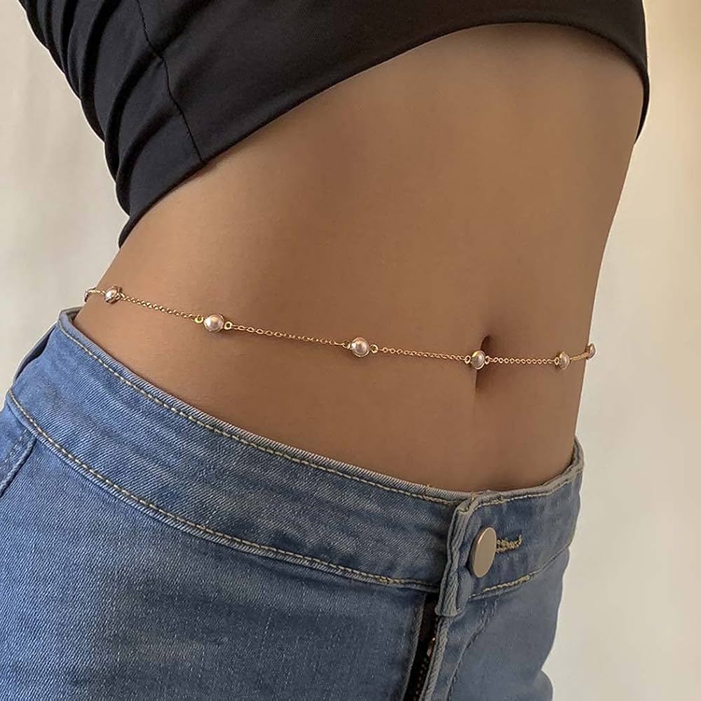 Trendy Pearl Waist Chain- Adjustable Dainty Belly Chain with Moon Charm Pearl Belly Chain Body Jewelry for Women -Adjustable Waist Chain Belt with Moon Pendant | Ideal for Beach, Party & Daily Fashion"