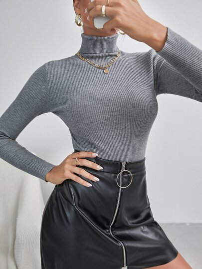 Womens Turtleneck Ribbed Knit Sweater