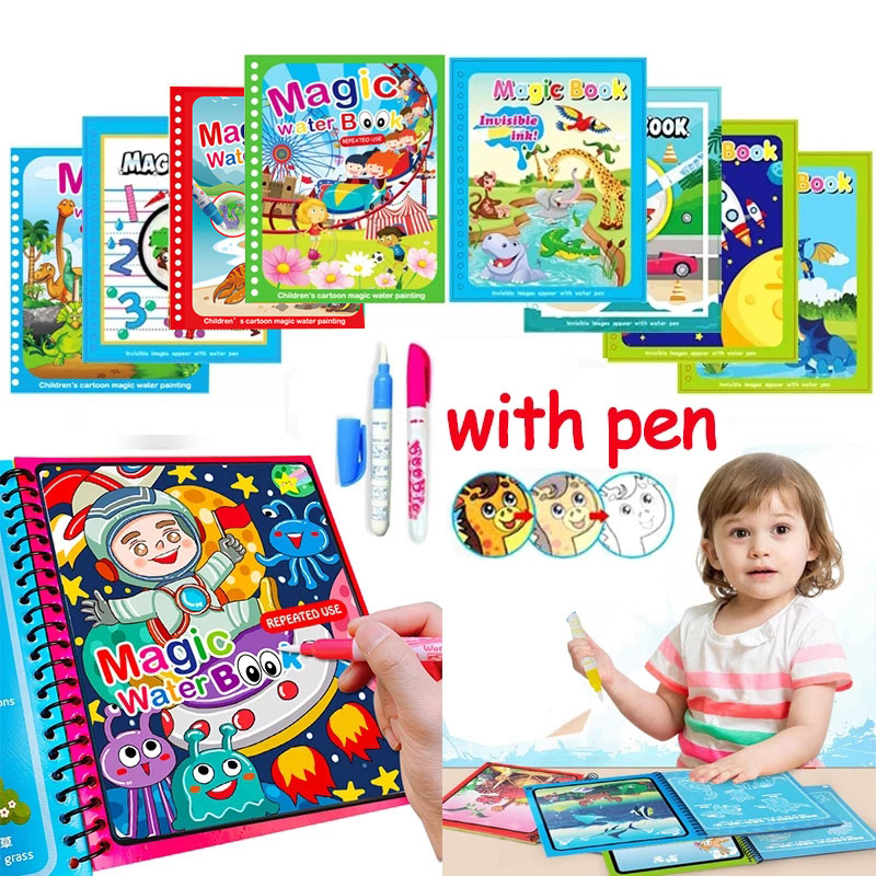Magic Water Drawing Book for Kids - Reusable Coloring Book with Pen, Educational Sensory Toys for Early Learning, Mess-Free Travel Activity for Toddlers Ages 1-3, 2-4, 3-5 (1 Book + 1 Pen)