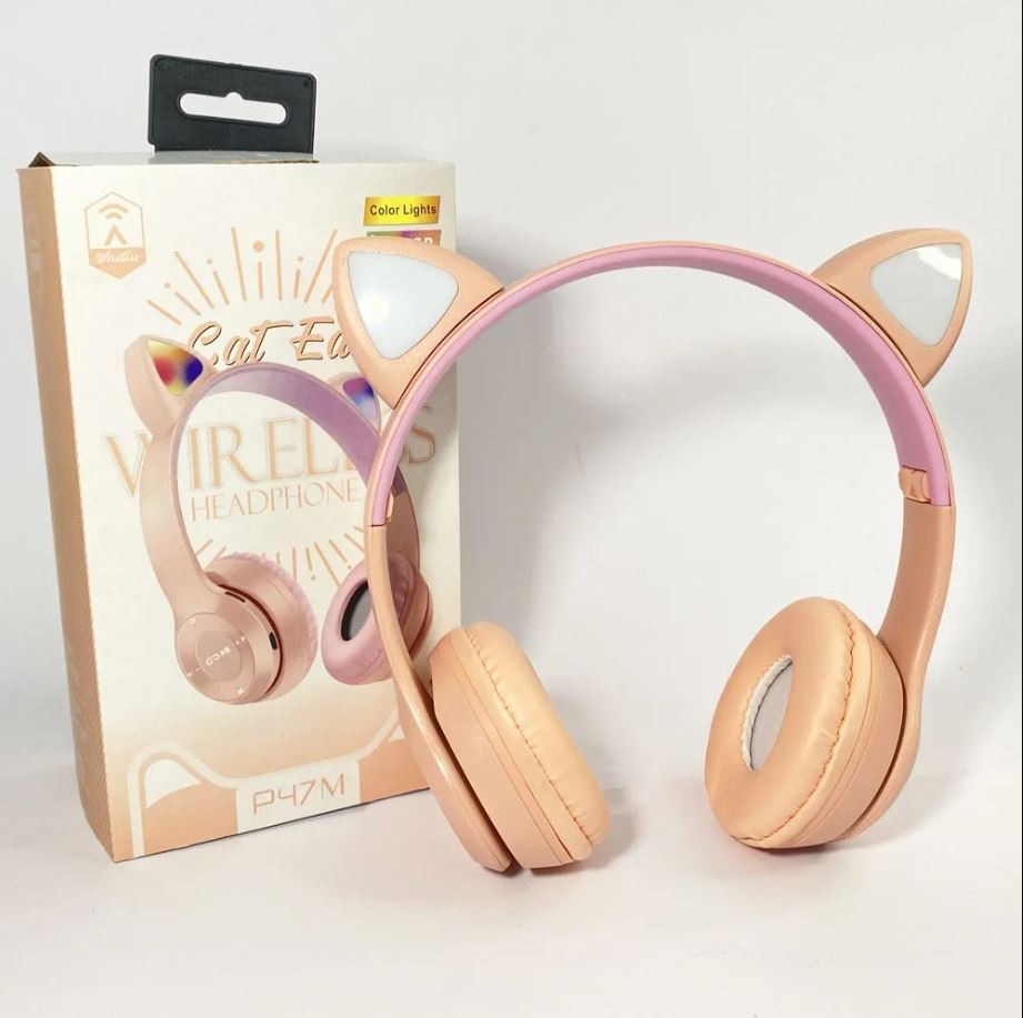 Cat Headphones for Girls  P47M Bluetooth Wireless Headphone for Mobile PC & Laptop Cat Headphone / P47 Ear Wireless Bluetooth Headphones - Glowing LED Light-Up Foldable Headset for Kids and Adults