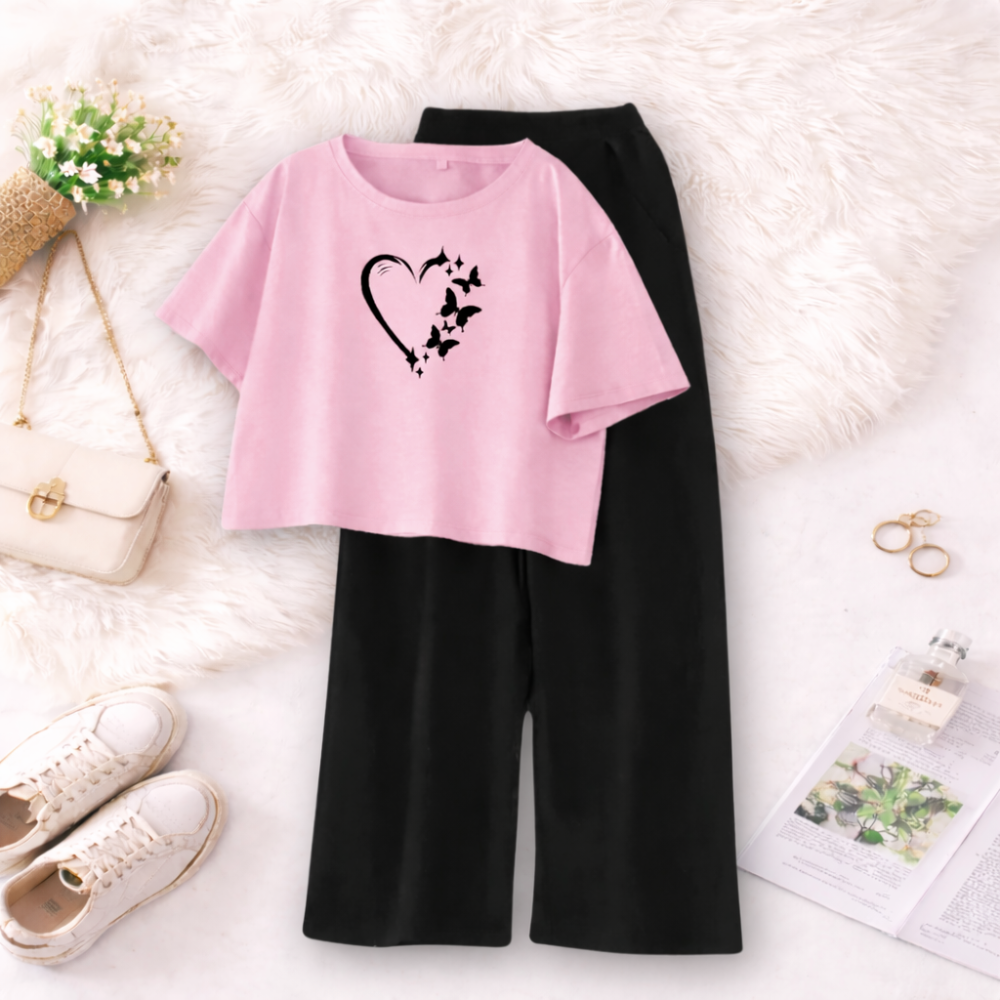 MK Garments Palazzo and Crop T-Shirt for Women Summer Premium Quality Cotton Blend Casual Butterfly Heart Printed Multiple Colors Available