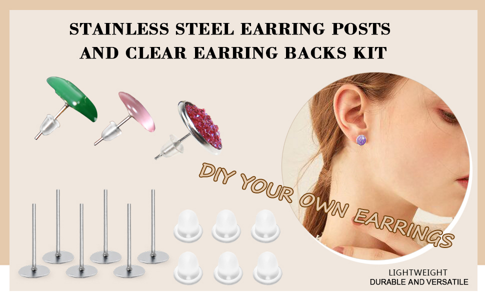 12 Pairs Earring Post Stud Hypo Allergenic Stainless Steel Earring Posts Base Flat Pad Blanks Pin Studs and Clear Rubber Earring Backs/Earring Back Stopper, Safety Back Jewelry Making Findings