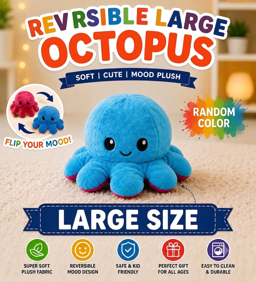 Reversible Octopus Plush Toy | Flip Mood Soft Stuffed Animal | Cute Double-Sided Emotion Plush | Random Color | Small Medium Large Jumbo