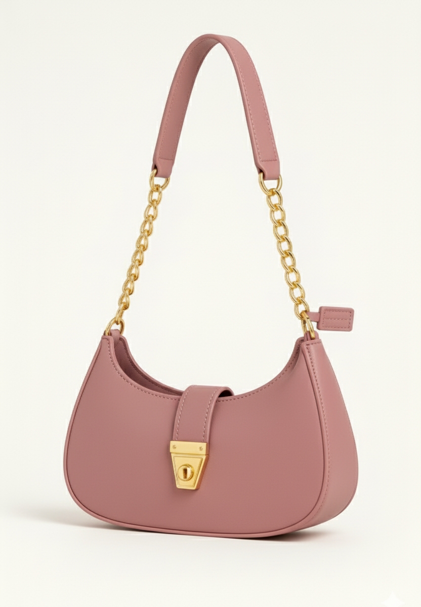 Trendy Faux Leather Crescent Bag – Gold Chain & Turn-Lock