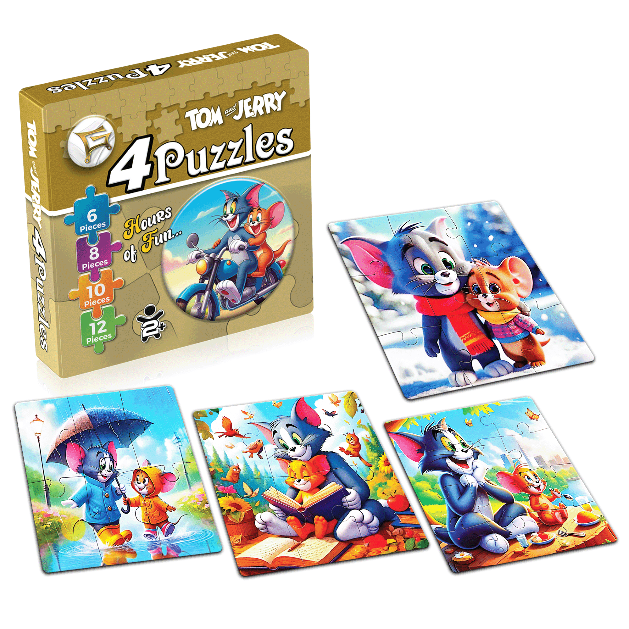 Tom and Jerry 4-in-1 Jigsaw Puzzle Box for Kids - Educational Learning Toy & Mind Game for Toddlers Age 2+ Years (6, 8, 10, 12 Pieces)