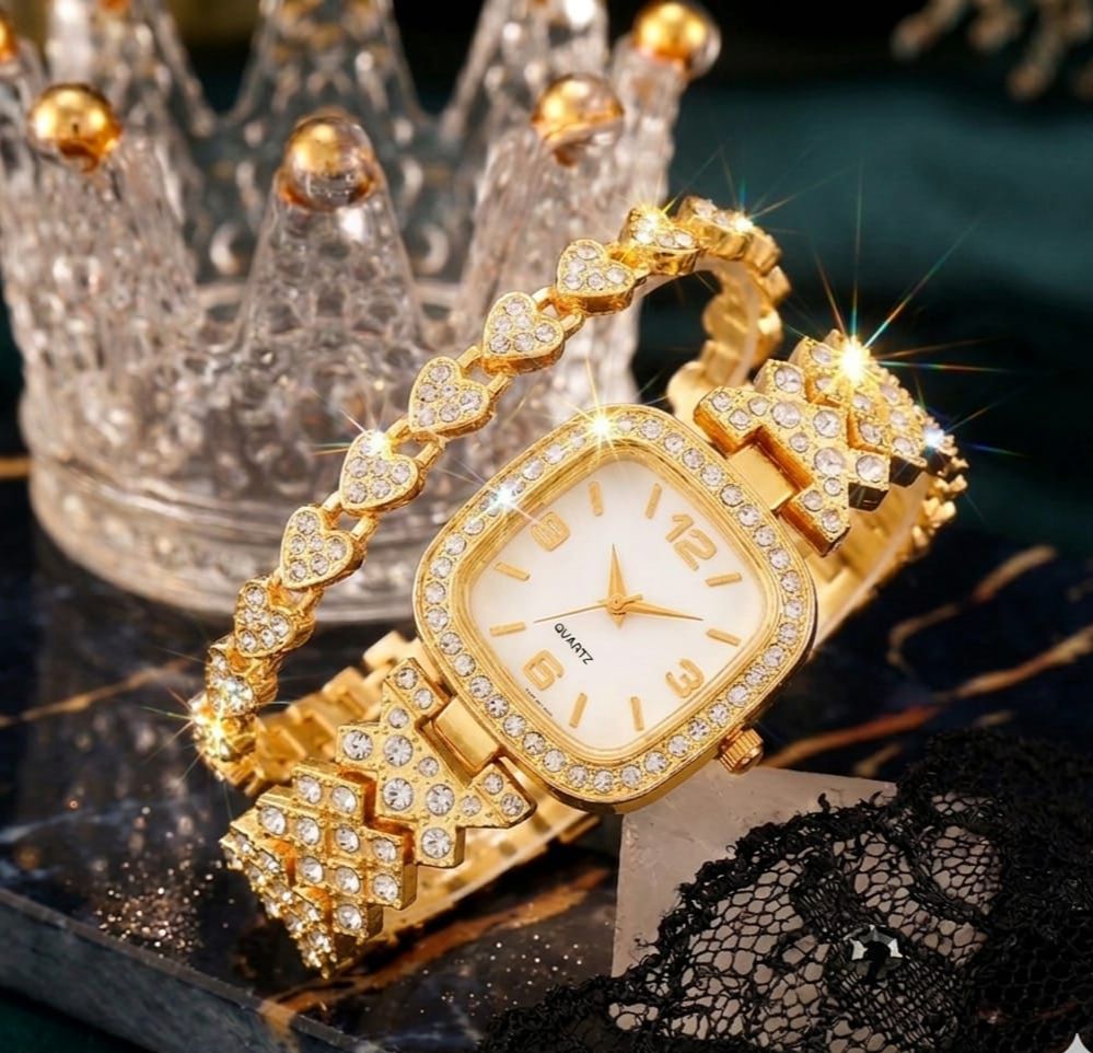 Luxury Square Dial Rhinestone Watch for Girls & Women's - Stylish Shiny Diamond Fashion Ladies Wristwatch with Matching Bracelet Set - Premium Fancy Wrist Watch for Wedding, Parties & Birthday Gifts for Girls
