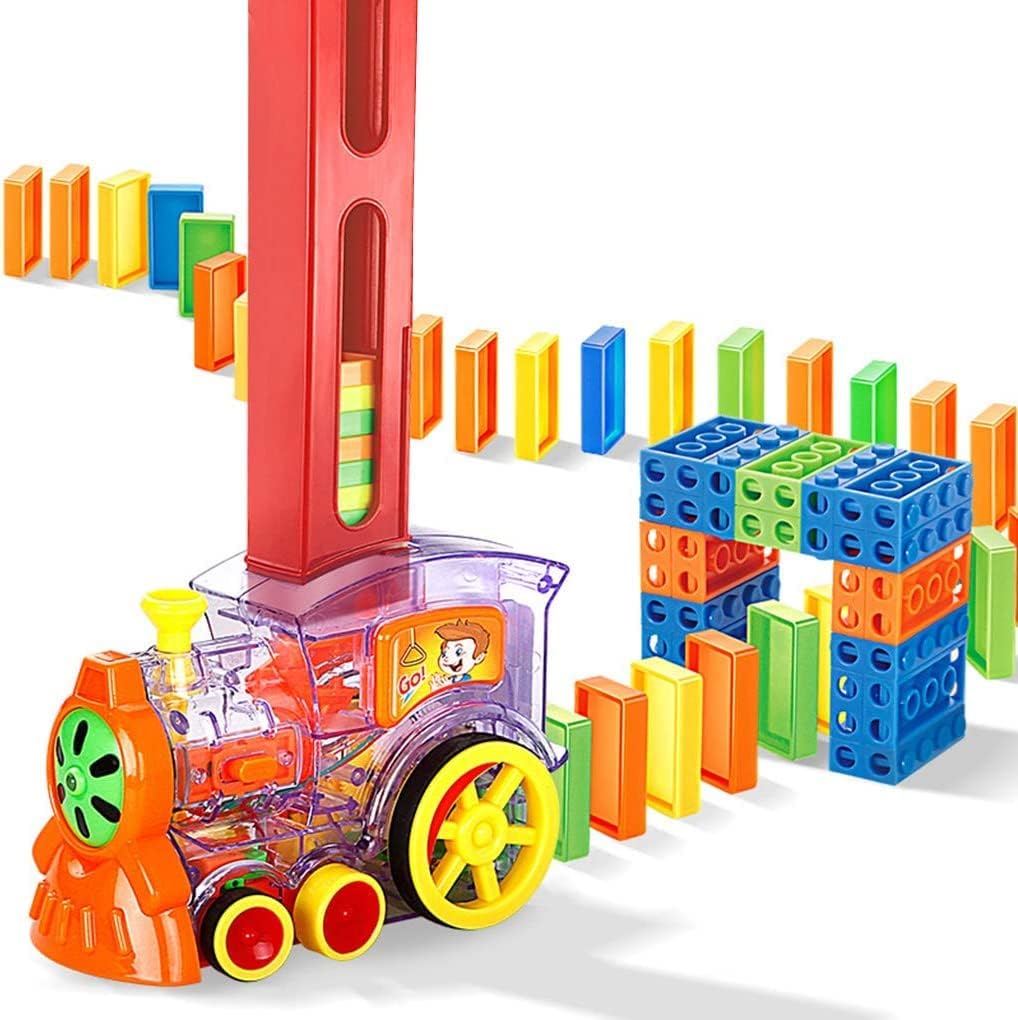 Automatic domino train Brick Laying Toy Train Domino Train Set with 60 PCS Domino Blocks toy for kids DIY Educational Toys For Children Fun and Colorful Train Engine With Light Sound Children's Toys
