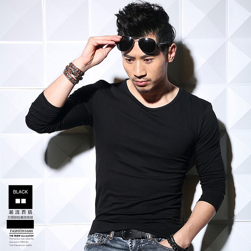 Lycra cotton men's long sleeve v neck t 