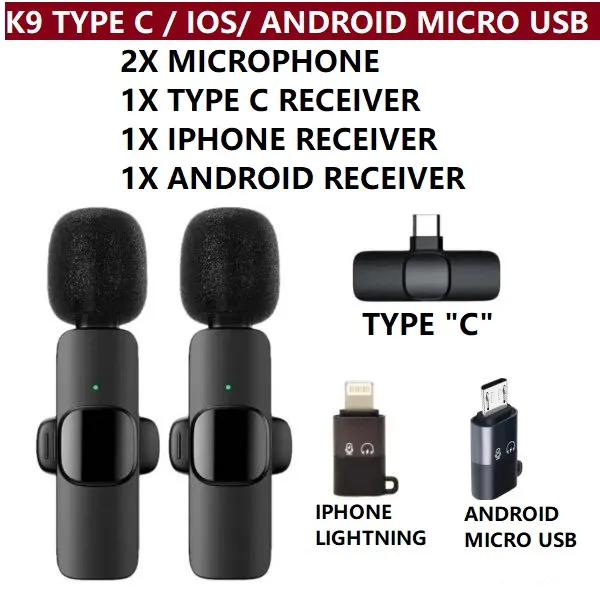 Wireless Mic K8/K9 for Type C/IOS/Android Micro USB Single Mic Double Mic Live Broadcast Mic Lavalier Mic Gaming Microphone Podcast Mic Vlogging Mic Videography Mic Tiktok Mic