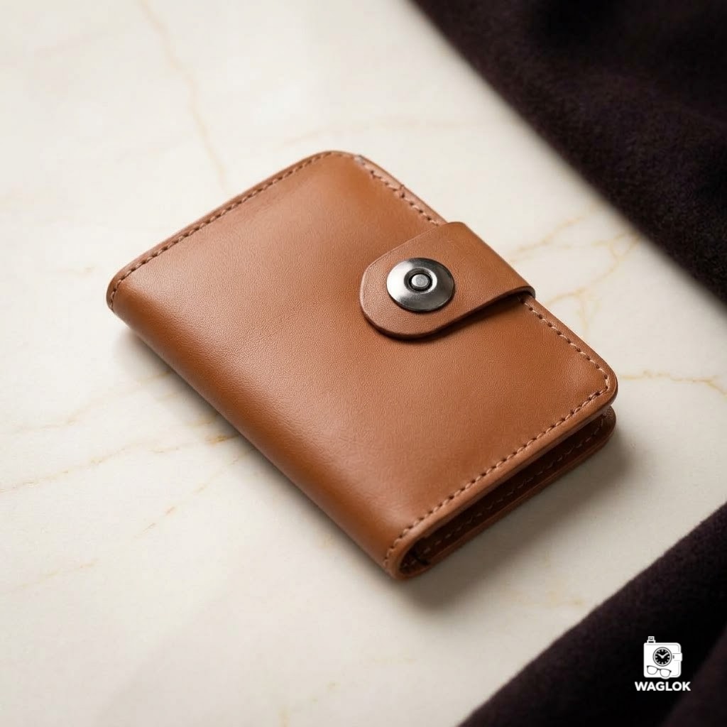 Magnetic Button Cow Leather Slim Wallet, 4 Card Slots, 1 Cash Pocket, 1 Window Card Slot