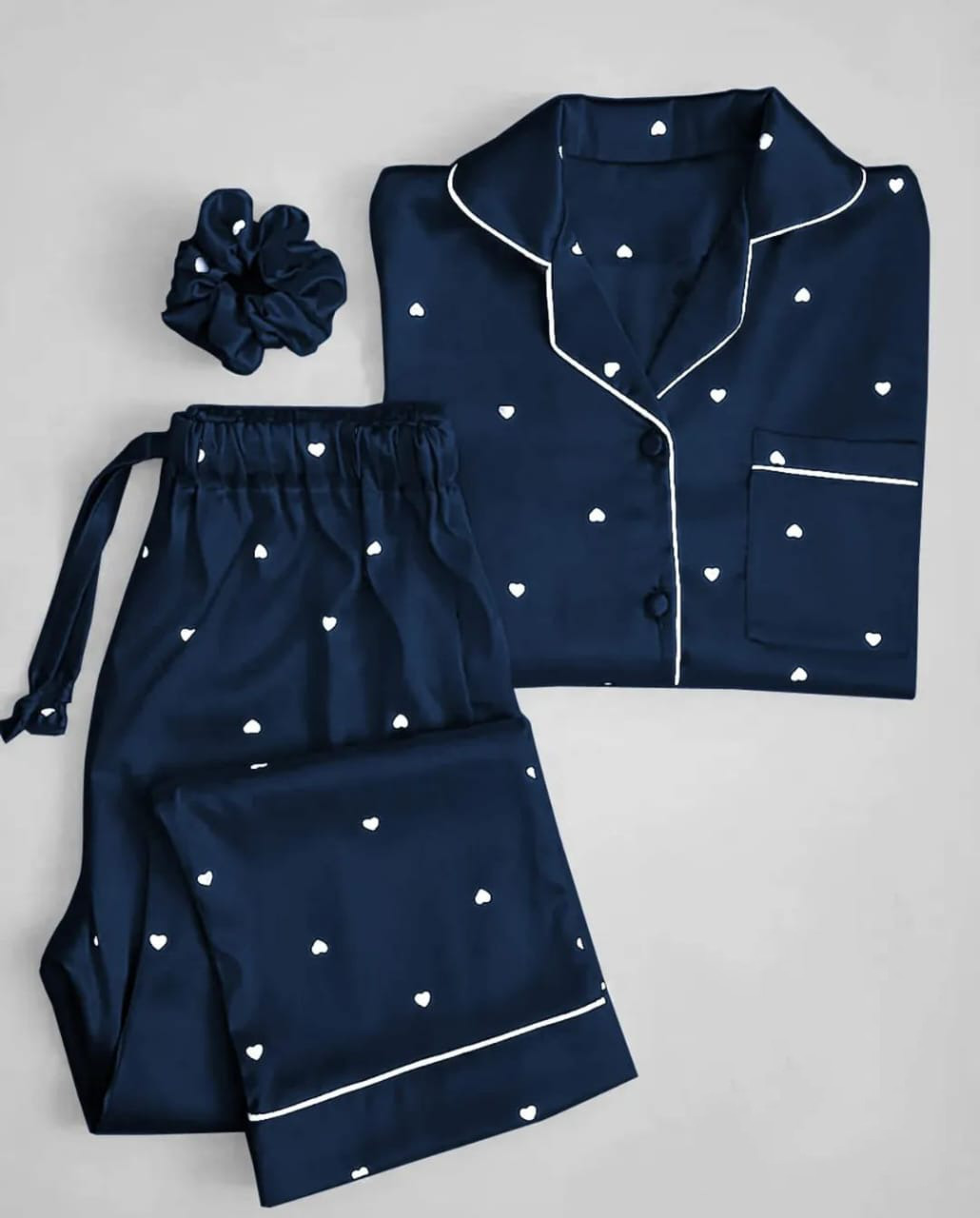 Hearts Printed Ladies Silk Night Suit For Women (Sleep Wear) 2-Piece Shirt & Trouser Night Dress For Girls