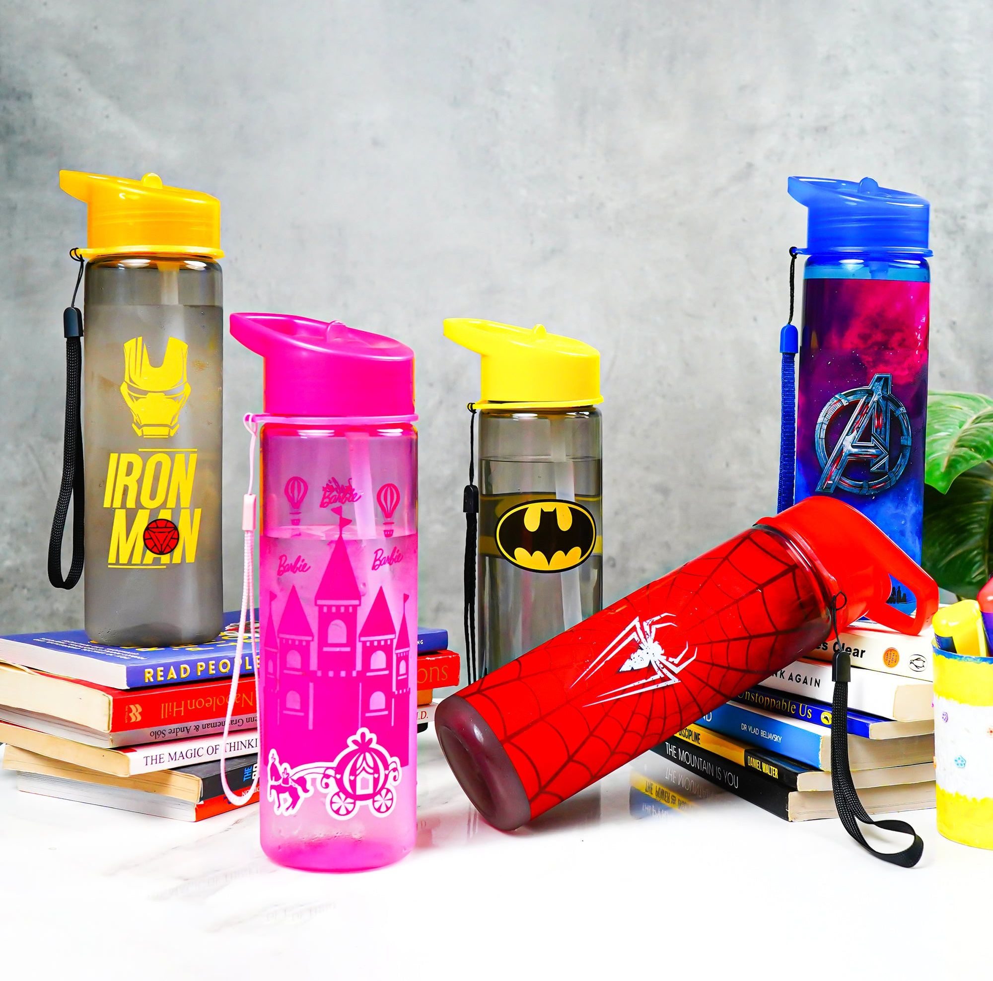 New Kids Superhero Themed Water Bottle 500ML Durable Plastic Sports Bottle with Straw for Boys & Girls Multicolor