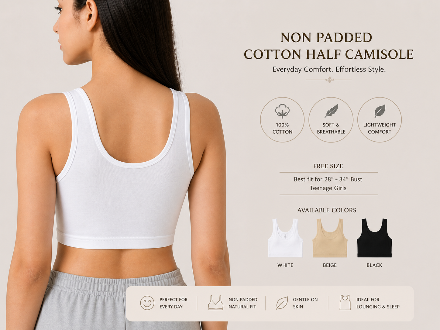 Pack of 6 | 3 | 1 Non Padded Cotton Half Camisole Half Shameez for Girls – Soft Stretch Breathable Crop Tank Bra | Teenagers Training Bra Biddies | Wireless Pull Over Comfort Vest (Free Size 28–34 Bust) Training Bra Biddies
