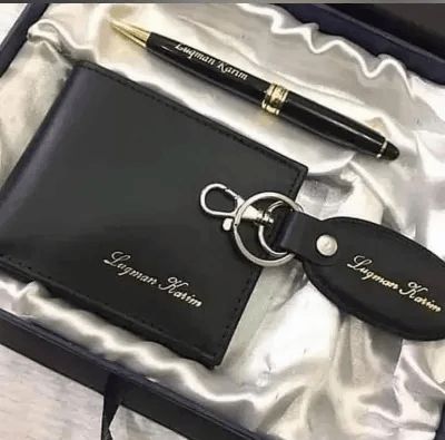 Customized Name Engraved Men's Wallet, Pen & Keychain 3-in-1 Combo Gift Box Set - Personalized Premium Corporate Accessory Kit for Men, Boss, Husband, Teacher