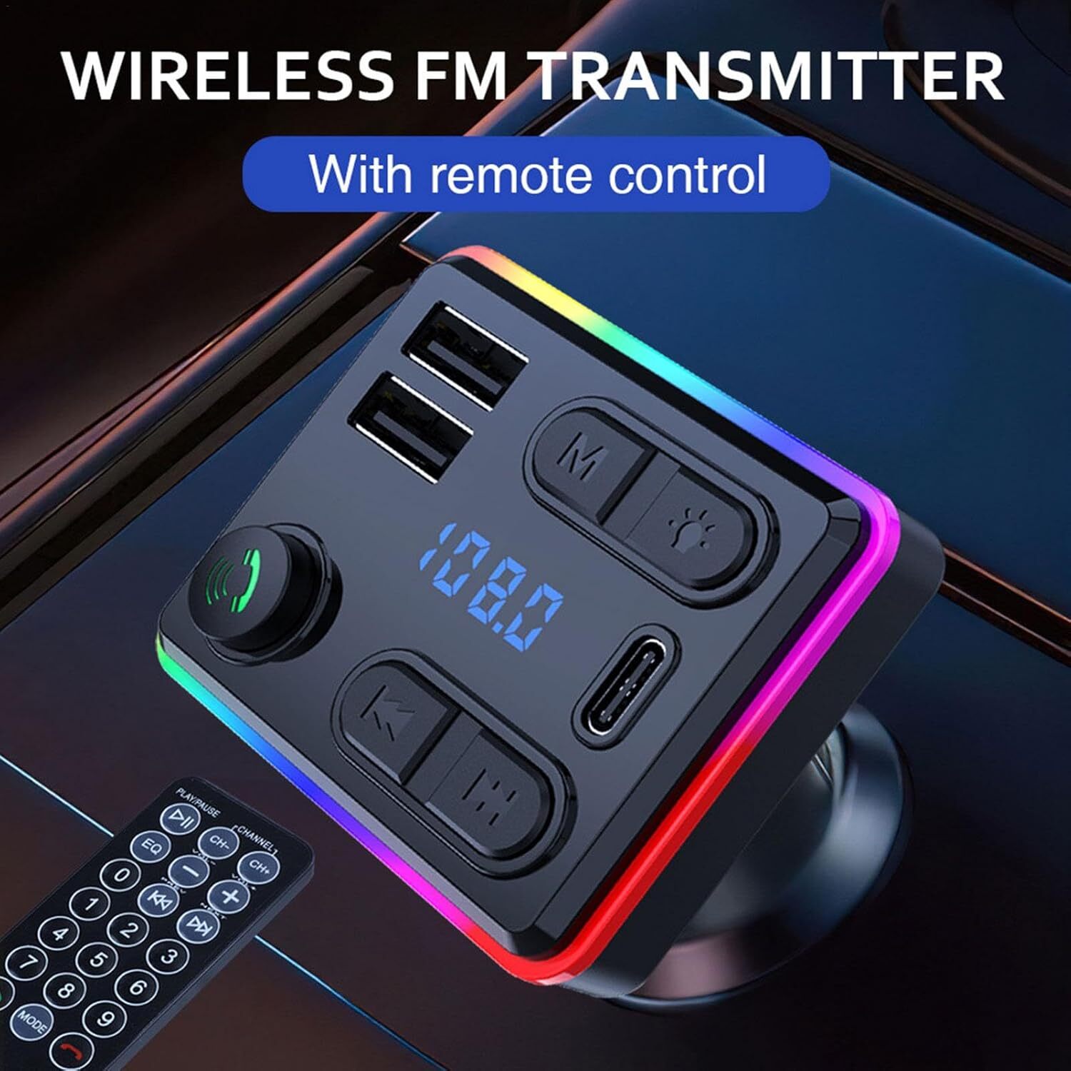 Handsfree Call Car Charger, Bluetooth 5.3 USB Car Charger Adapter FM Transmitter Radio Receiver, with Remote Control - Type-C + USB, Noise Reduction for 12-24V Vehicles, Music Playback,