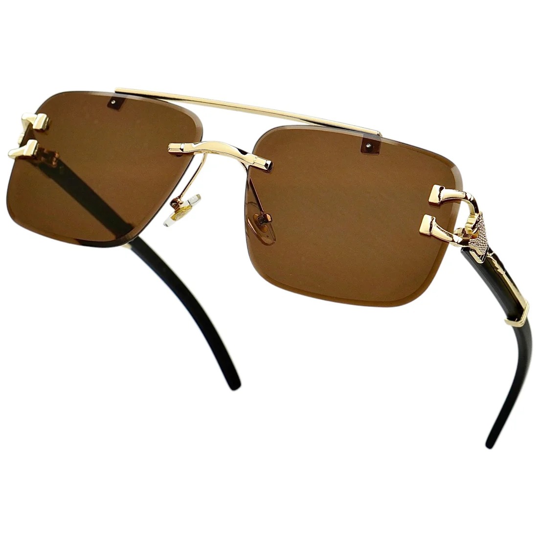 Modern Rimless Sunglasses for Men – Premium Gold Metal Detailing, Brown Lens | With Pouch & Hard Case Box