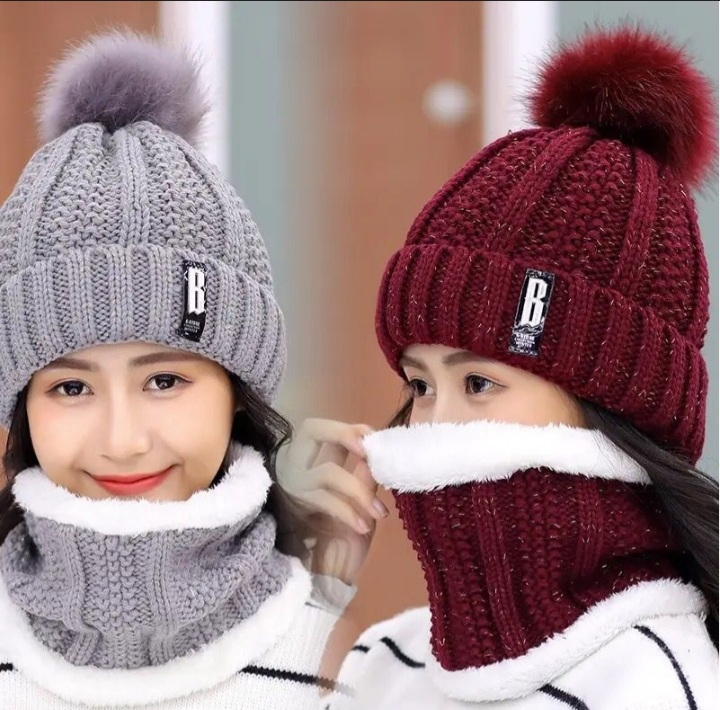 Winter caps for girls Knitted Scarf Hat Set Thick Warm Skullies Beanies Hats for winter cap s for Women Outdoor Cycling Riding Ski Bonnet Caps Tube Scarf Rings