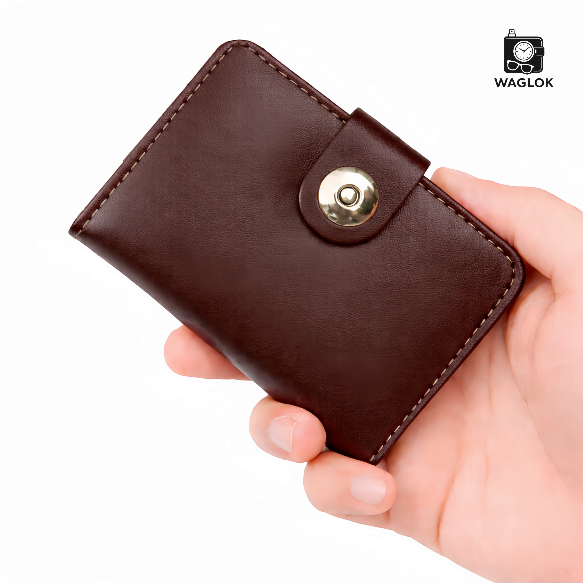 Magnetic Button Cow Leather Slim Wallet, 4 Card Slots, 1 Cash Pocket, 1 Window Card Slot