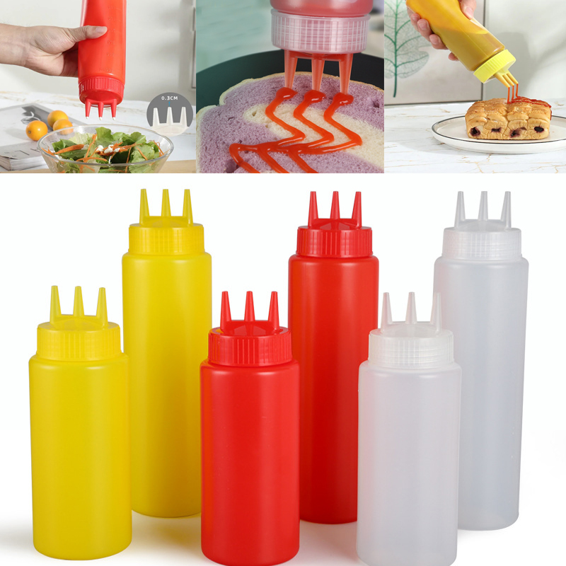 3 Nozzle Squeeze Bottle 2Pcs 450Ml Three-Hole Squeeze Bottle Twist Cap Food Grade Pe Plastic Ketchup Mustard Sauces Oil Bottles Kitchen Gadgets