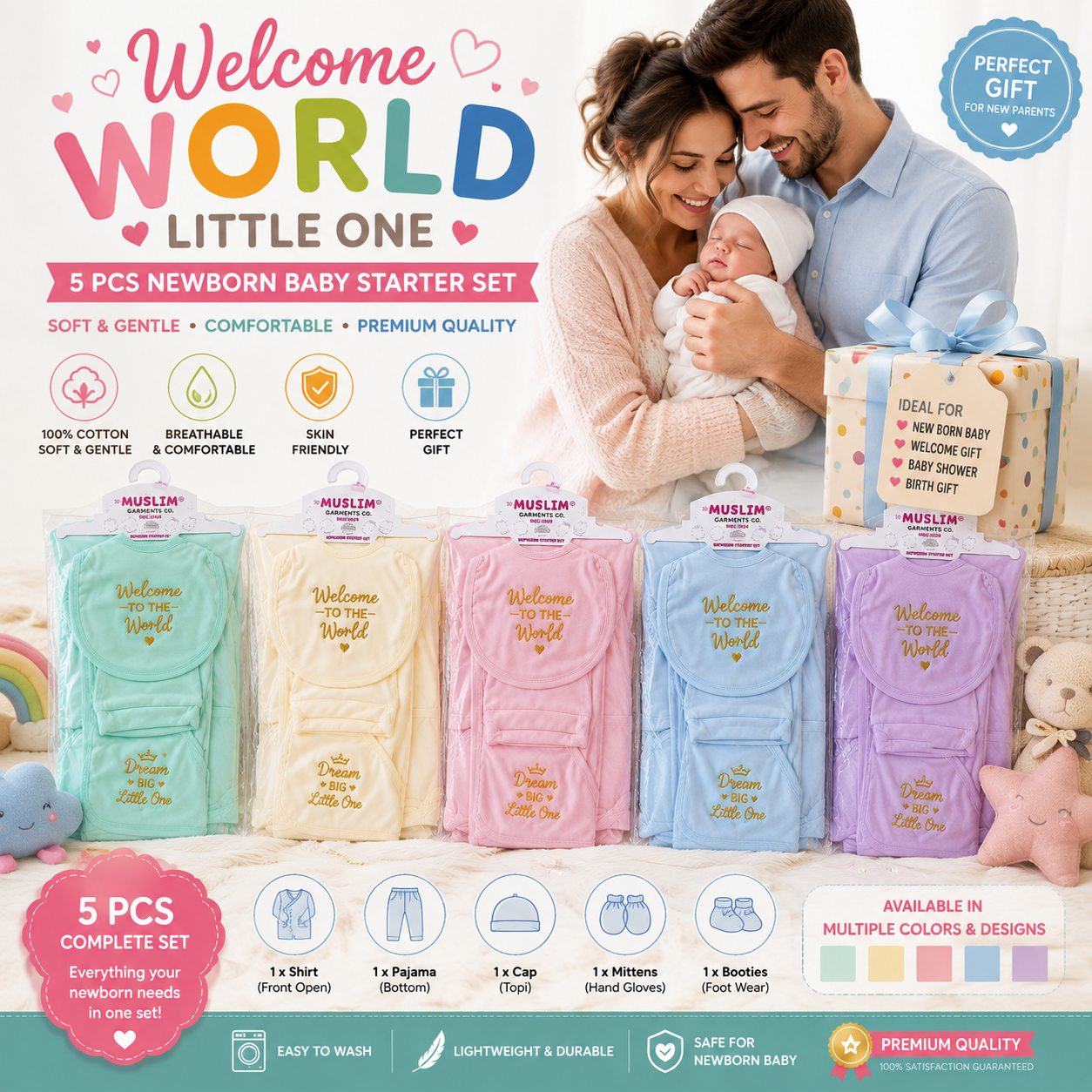5 Pcs Newborn Baby Clothes Set for Boys & Girls | Baby Starter Suit | Soft Comfortable Skin Friendly Baby Wear | Summer & Winter Baby Outfit | Newborn Baby Gift Set | Welcome Baby Gift for 0-3 Months