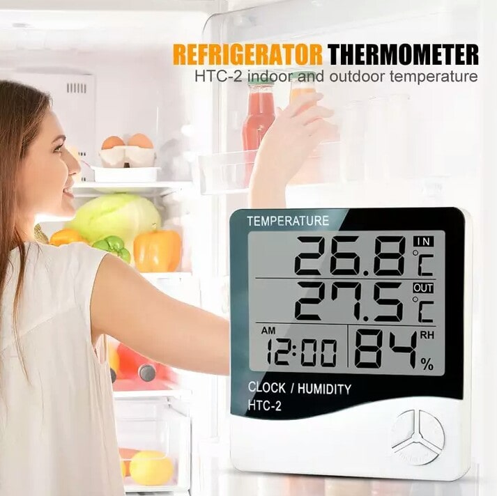 HTC-2 Digital Thermometer with Outer Wire Weather Station Digital Room Hygrometer Refrigerator Thermometer with Clock, Alarm, Calendar LCD Indoor/Outdoor Poultry Form Temperature Humidity Meter with Sensor