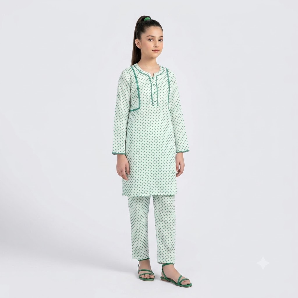 Girls White & Green Polka Dot Cotton 2 Piece Suit | 14 August Kids Dress