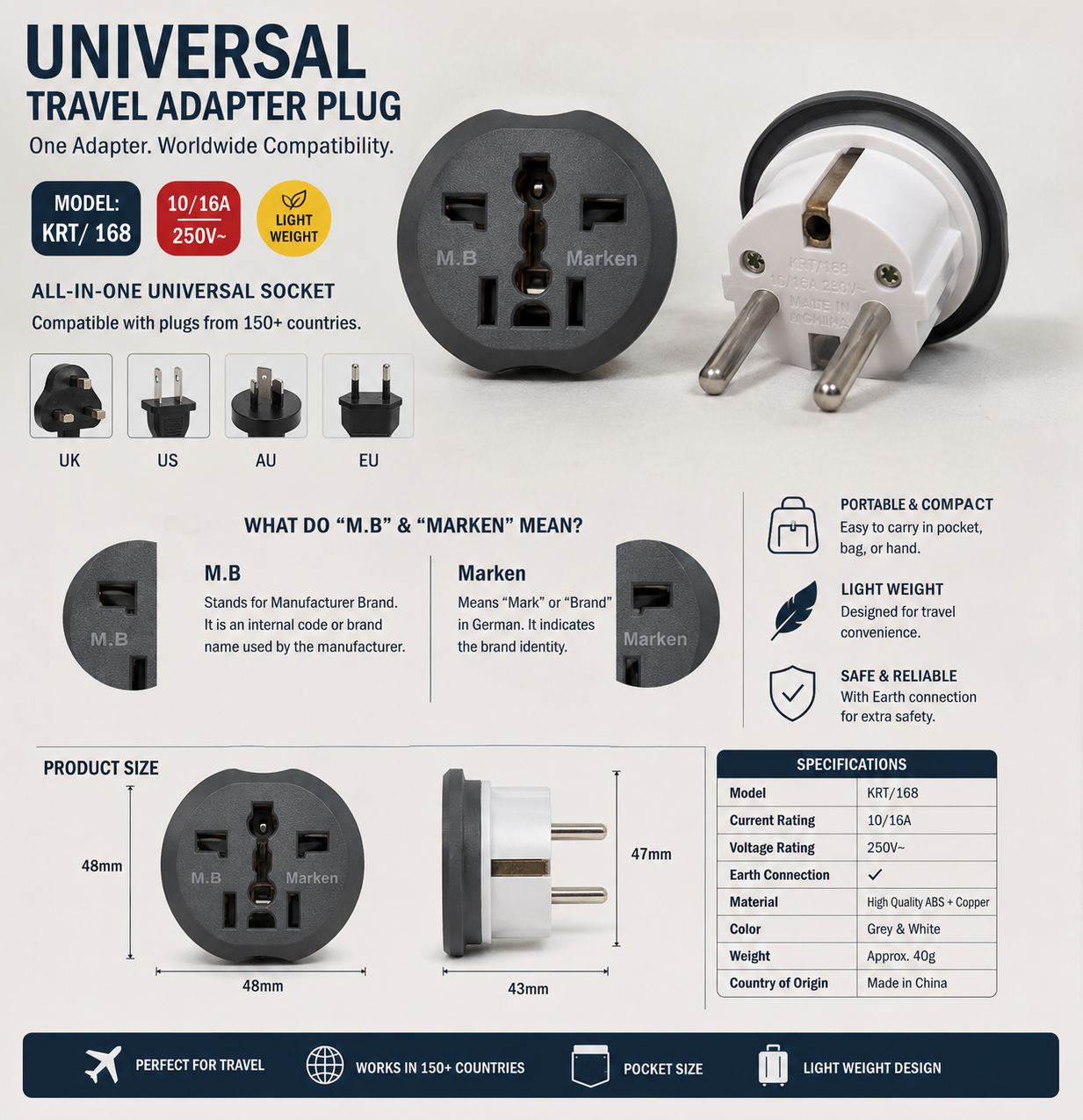 Universal Travel Adapter Plug KRT/168 | Universal Socket Adapter | 10/16A 250V EU 2 Pin Plug | Travel Plug Converter | UK US AU EU Compatible | Portable Adapter