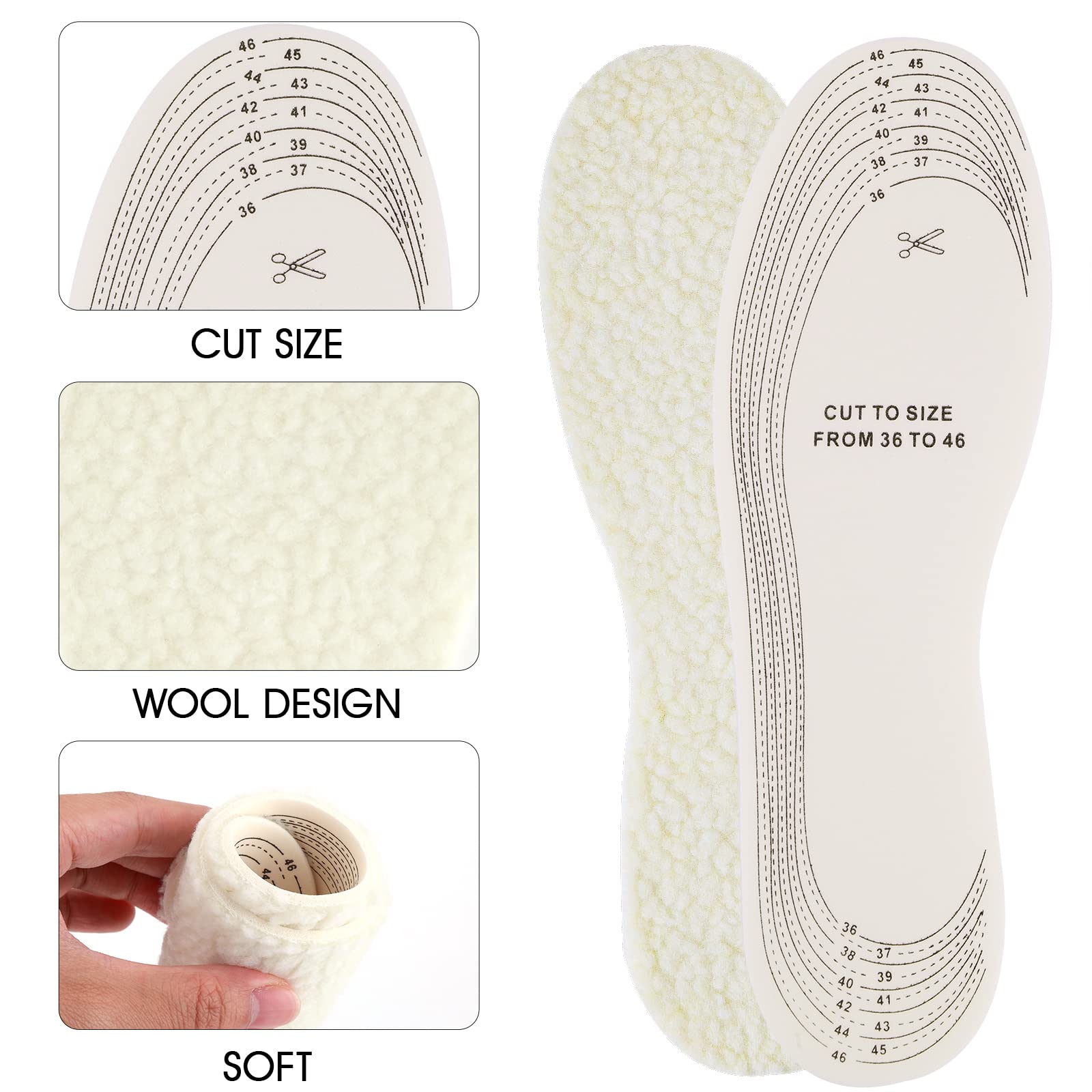 2 Pairs Wool Sheepskin Shoe Insoles for Women Men Winter Boots Cold Weather Cut to Size Keep Feet Warm Stay in Place Fluffy Shoes Replacement Comfortable Thick Insert Unisex with Size Chart