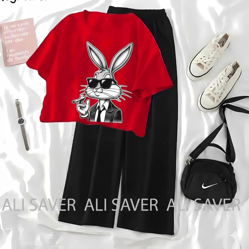 New Women's Cartoon Print Crop Top and Flapper Trouser Set - Comfortable Fashion Top & Wide Leg Pants