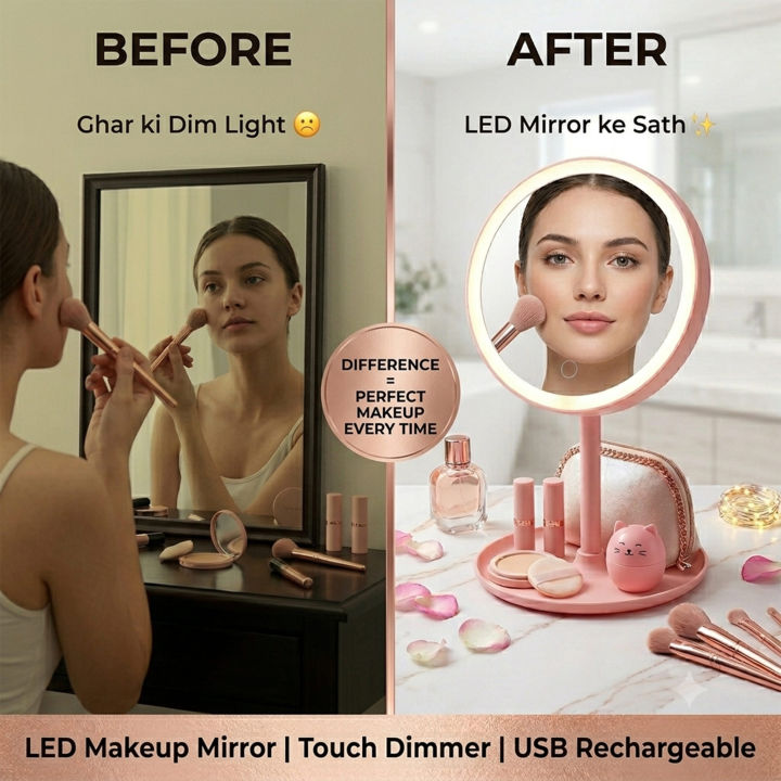 LED Makeup Vanity 3 Lights Mirror with Stand | Touch Dimmer | 90° Swivel | USB Rechargeable | Portable Dressing Table Mirror for Women | Makeup Mirror with Lights Pakistan