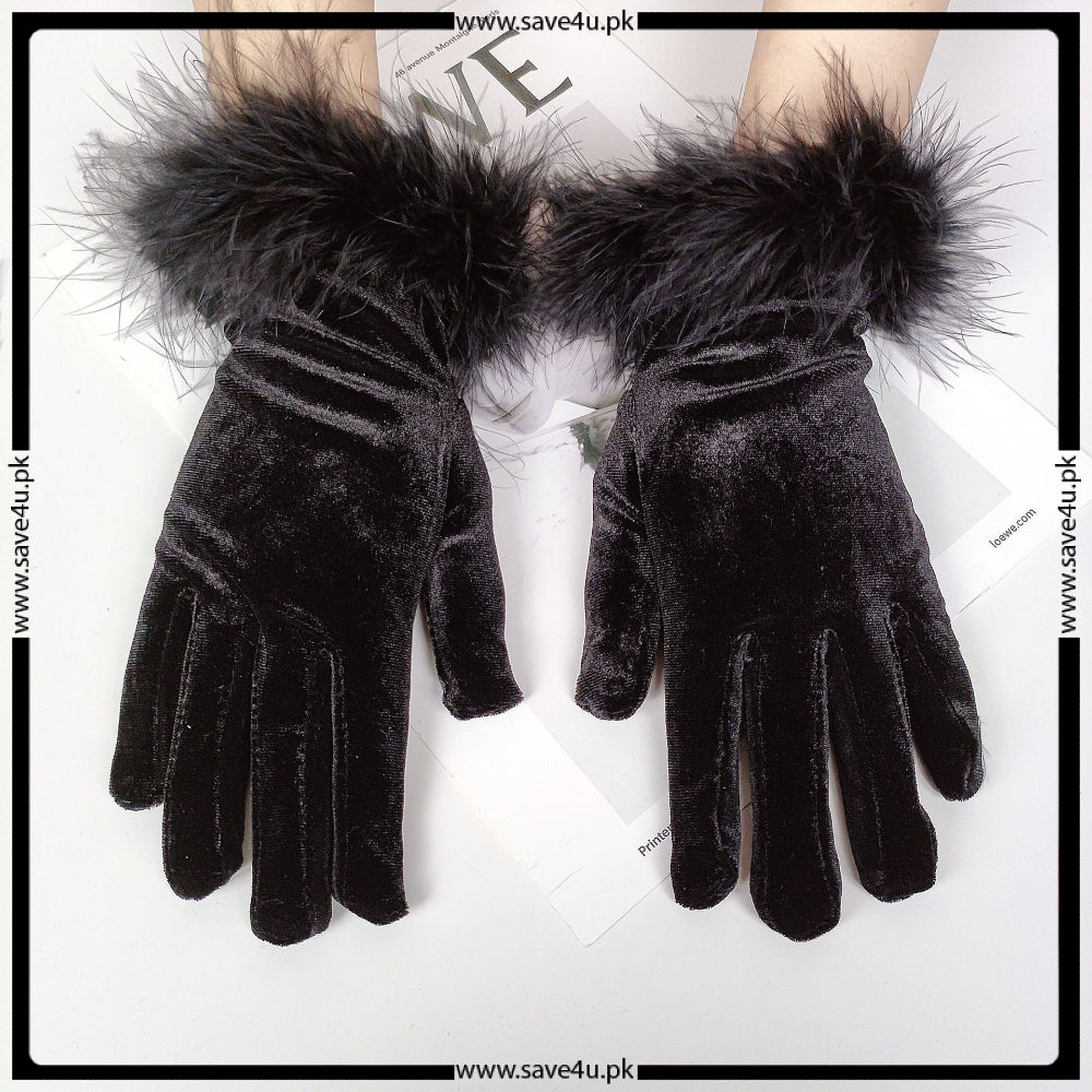 Women's Winter Velvet Gloves with Fur Cuff Soft Full Finger Hijab