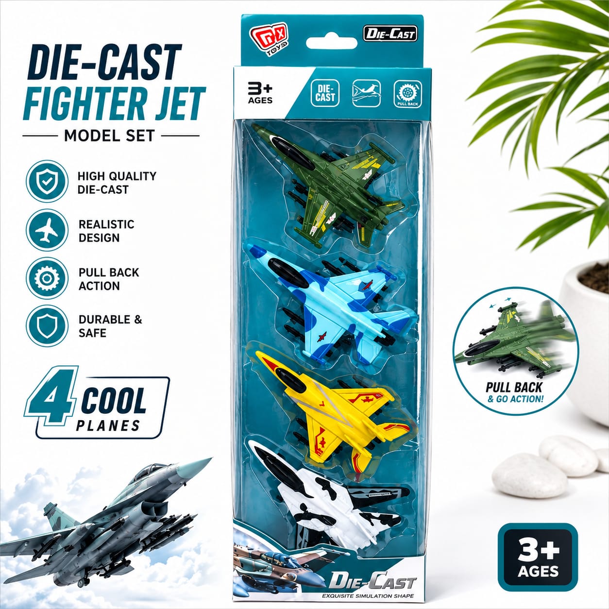 New 4-Pack Military Fighter Jet Diecast Model Toys Pull Back Powered Play Vehicles for Kids 3+ Years Multicolor