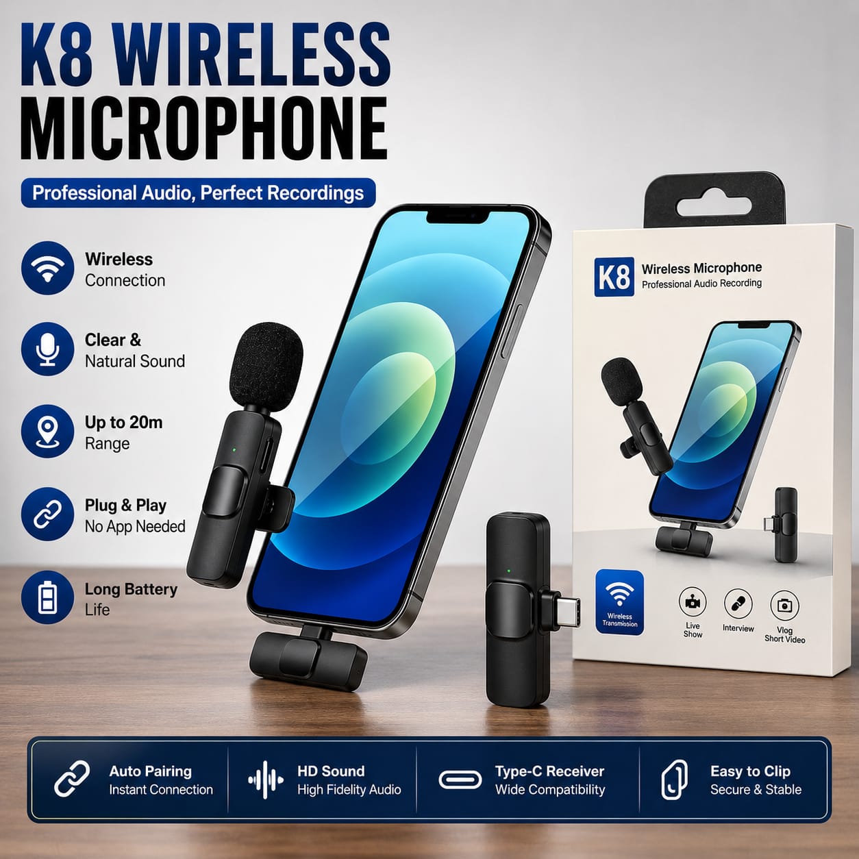 K8 Wireless Lavalier Microphone Type-C | Mini Clip-On Mic for Android Mobile | Noise Reduction | Vlogging, YouTube, TikTok, Interviews & Live Streaming