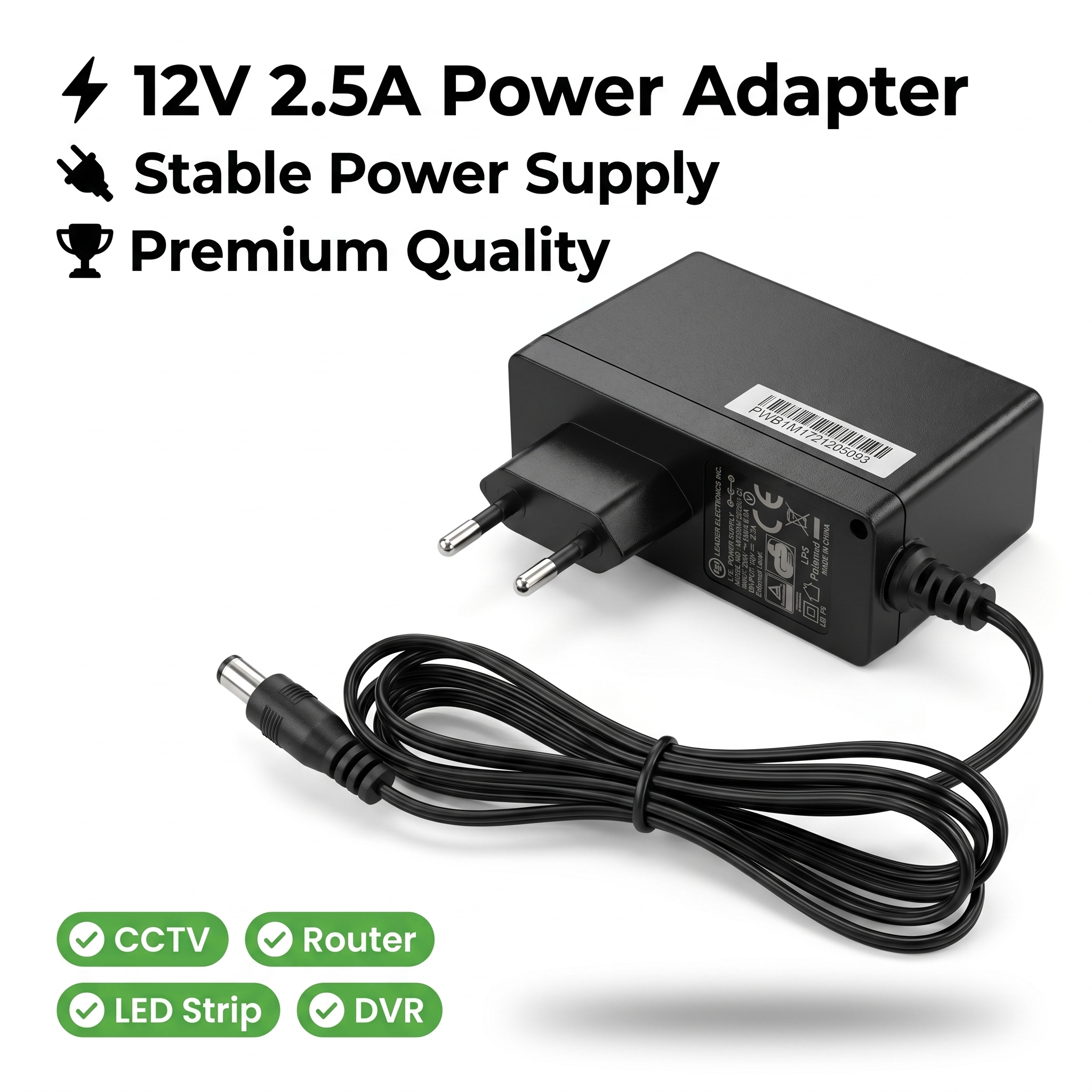 12V 2.5A Power Adapter Charger DC 12 Volt 2500mA Power Supply for CCTV Camera DVR NVR WiFi Router TP Link Tenda PTCL Modem LED Strip Lights POS Machine AC to DC Adapter 5.5x2.1mm Jack Universal Branded Tested Stable Voltage Low Heat