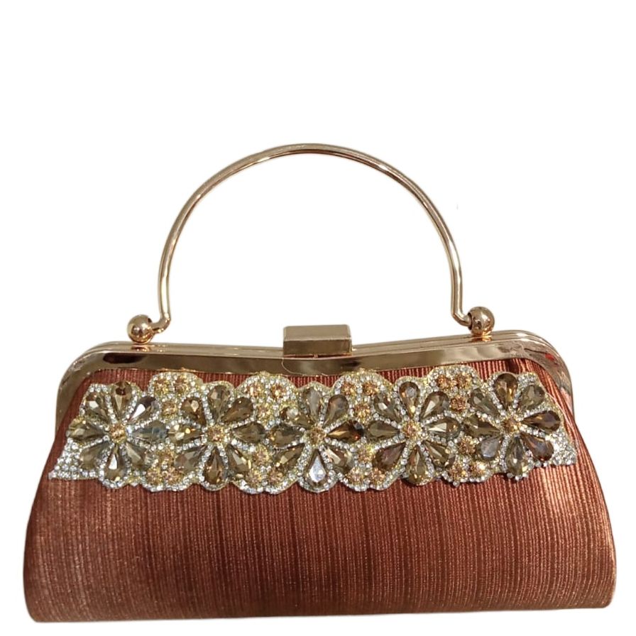 Copper Brown Silk Clutch Bag With Rose Gold Frame & Crystal Stone Embellishment | Women Evening Purse | Bridal Party Handbag