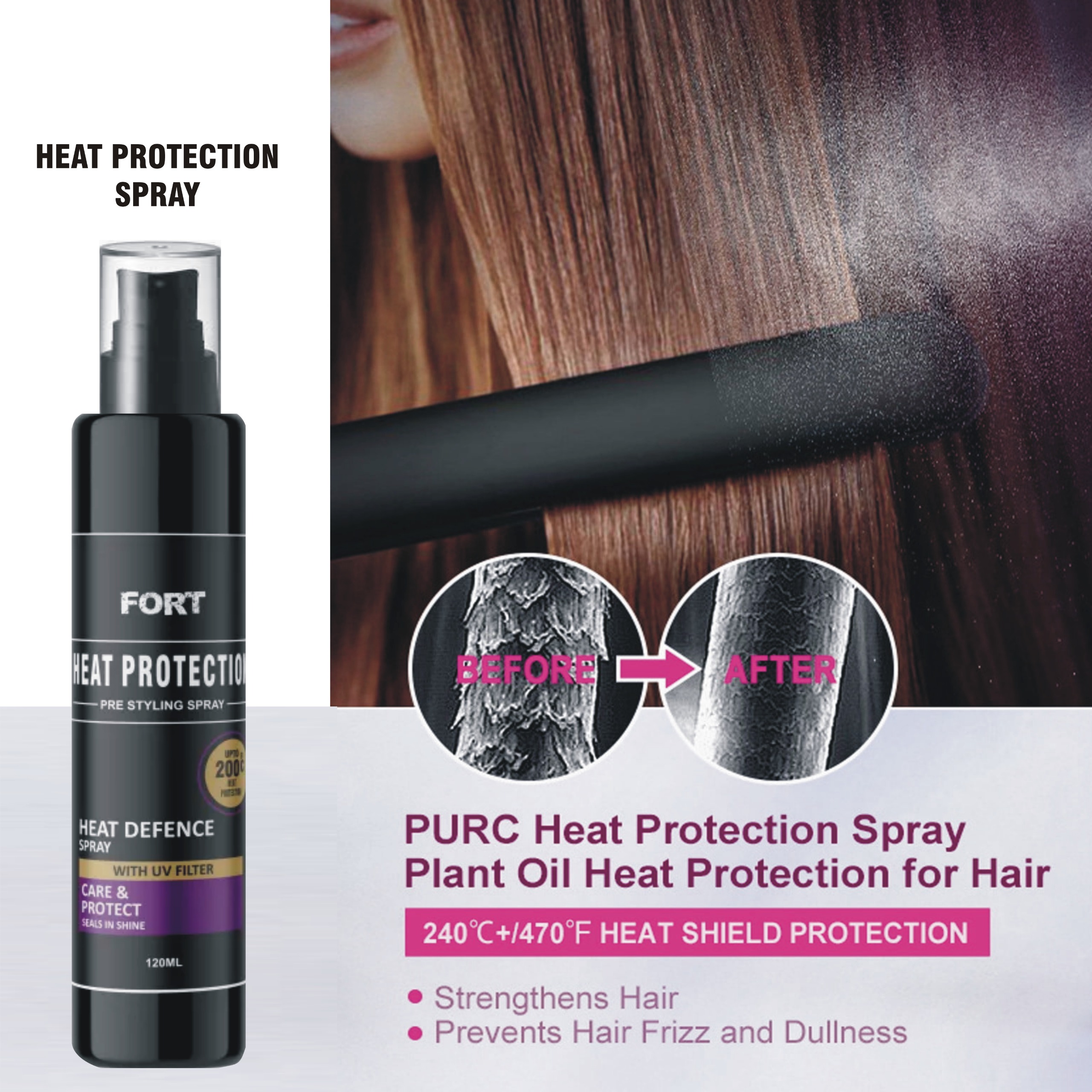 FORT Heat Protection Spray For Hair - Heat Protection Spray Hair Shine Mist Curly Perm Quick Styling With UV Filter - 120ml