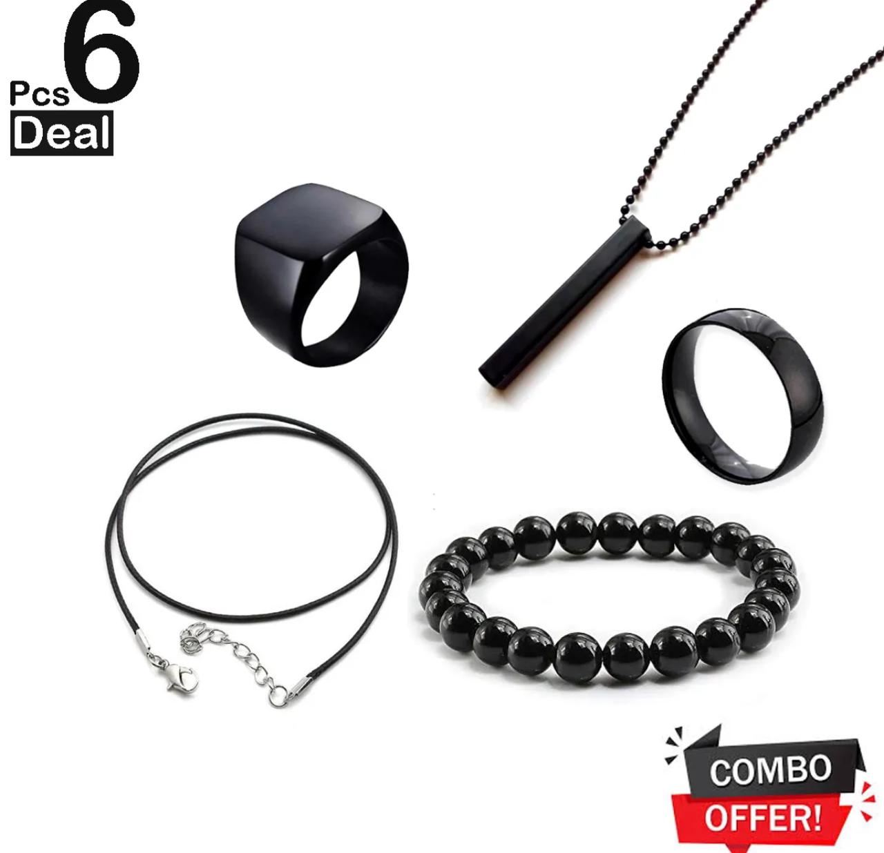 6 Pcs Deal Locket Beads Bracelet Punk Ring Vertical Bar Stick Pendant Finger Band Leather Cord Rope Ball Chain For Men Women Girls Boys Girl Boy Mens Ladies Rings Couple Best Friend Nacklace Jewelry Challa Chala Challah Friendship Couples Necklace Unisex