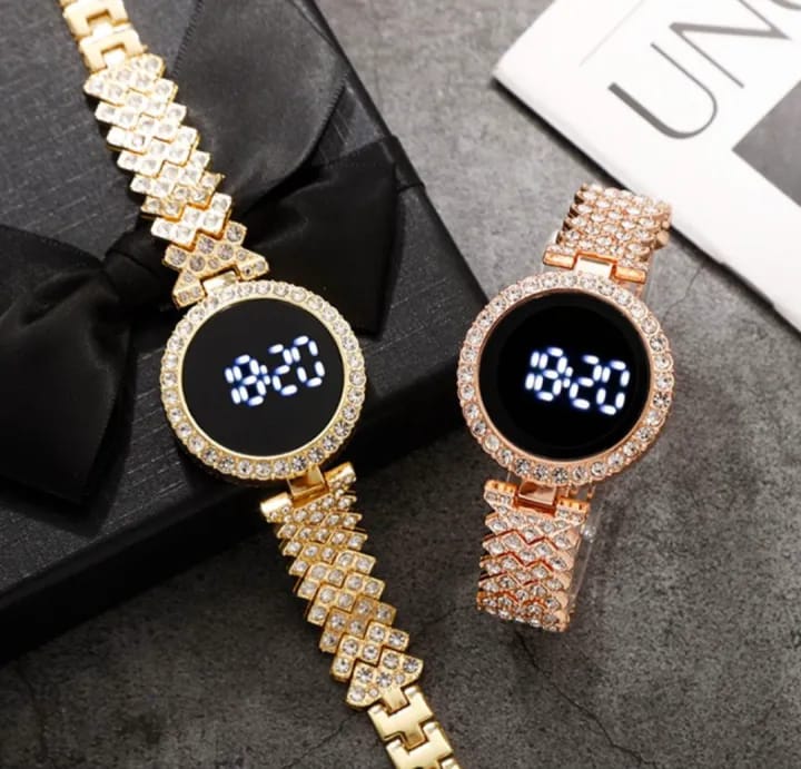 Digital LED Diamond Crystal Watch for Women Girls Round Dial Latest Touch Bracelet Watch for Ladies