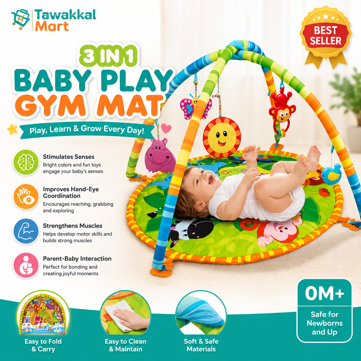 Baby Play Mat with Hanging Rattles For kids / Indoor Games Baby / Baby Play gym Mat