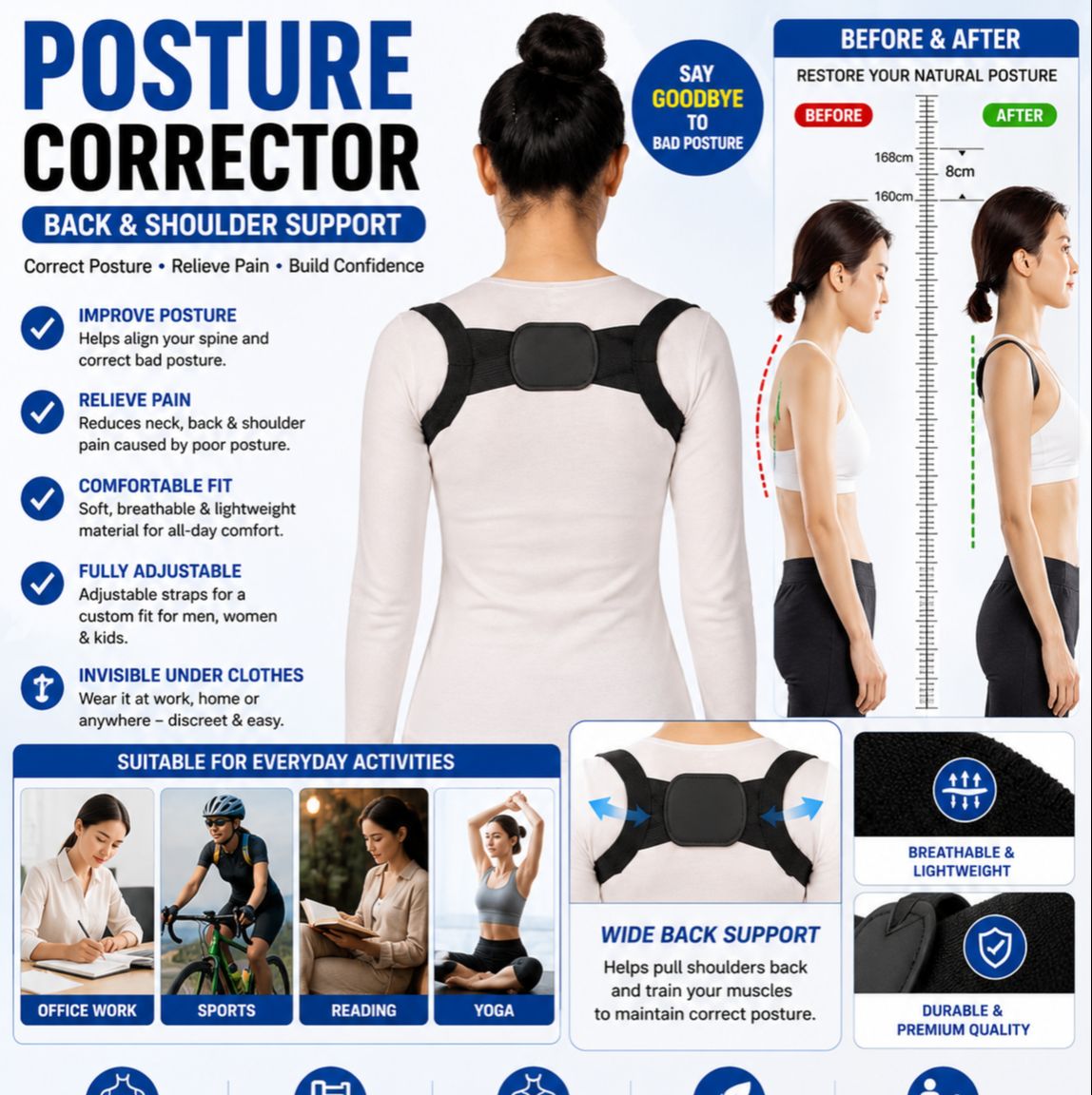 Back Shoulder Posture Corrector Adult Children Corset Spine Support Belt Correction Brace Orthotics Correct Posture Health (Free size)