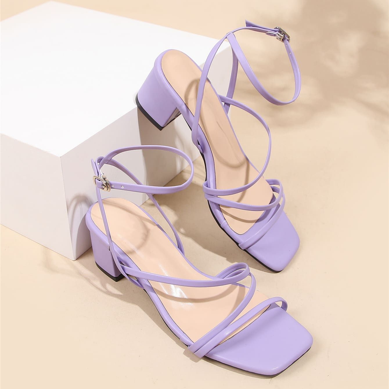 Block Heel Sandals For Women Summer Faux Leather Fabric Strappy Party Wear Style Beige and Purple Color