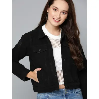 Women's black distressed hot sale denim jacket