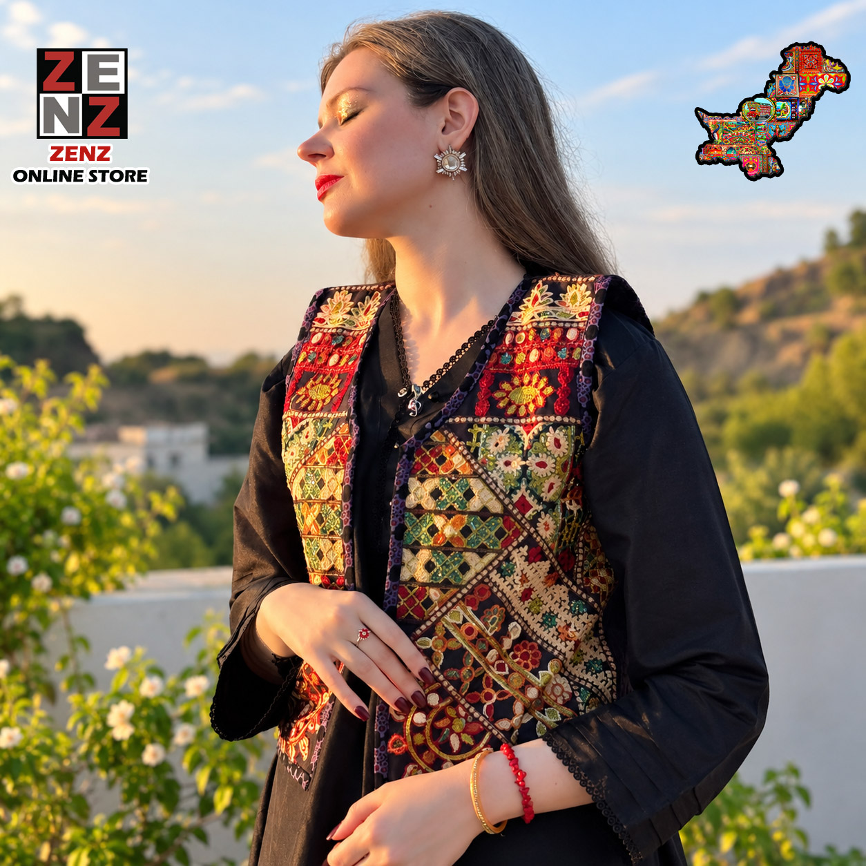 Sindhi Ajrak Traditional & Cultural Party Wear Embroidered Cotton Gilet Waistcoat Koti for Females Girls Women by ZENZ