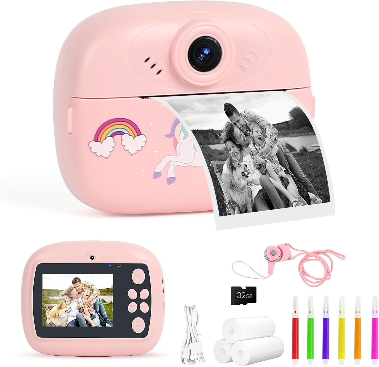 Instant Print Camera Kids 48MP Digital Camera 1080P HD Instant Printer for Kids with  32GB Card, Color Pens & 3 Rolls Print Paper,
