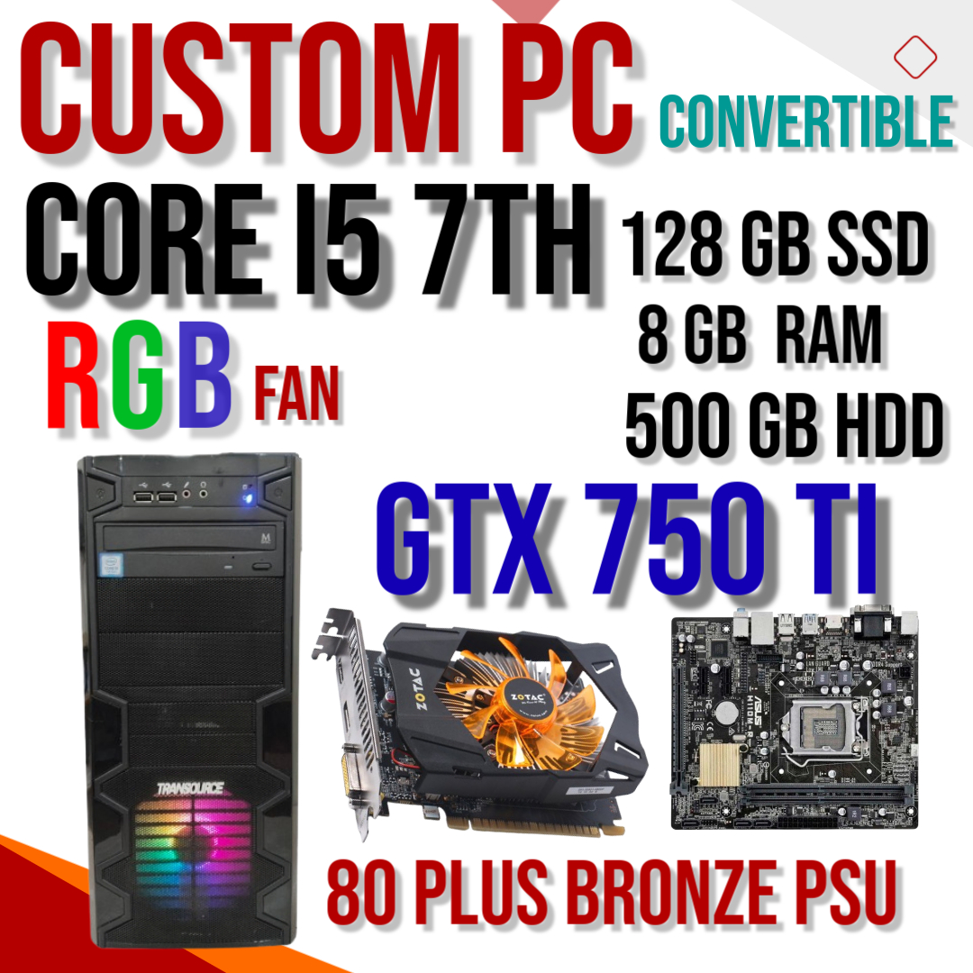 Custom tower PC ( convertible ), core i5 7th , 8gb RAM, 128GB ssd, 500GB HDD, Nvidia geforce gtx 750Ti, Gaming PC