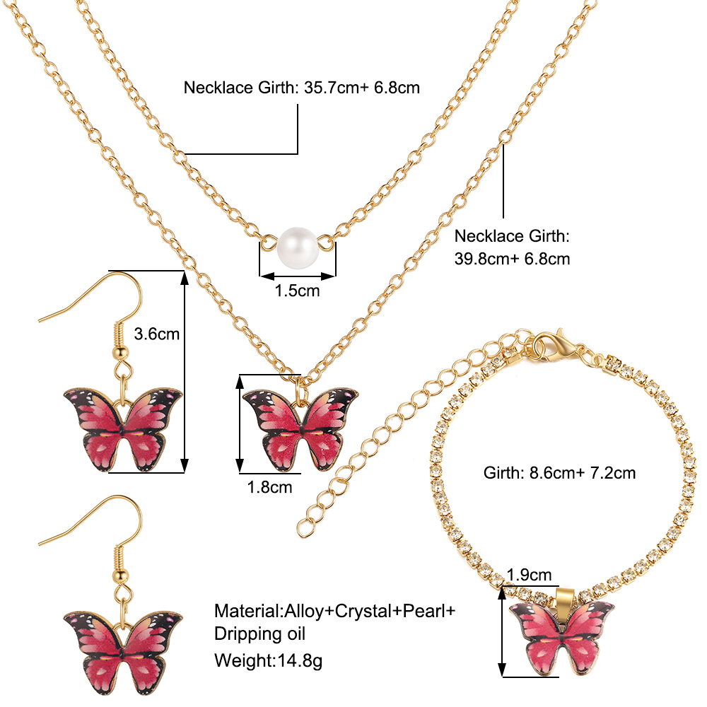 4PCS Jewelry Set for Girls Butterfly Necklace Earrings Bracelet Jewlry for Women Purple, Blue and Red Color Oil Drip Chain Pendant Female Gifts