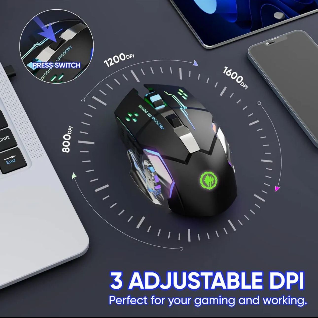 Wireless Mouse with Nano Receiver for PC, Laptop, Computer, Desktop 2400 DPI SILENT CLICK RGB rechargeable wireless mouse