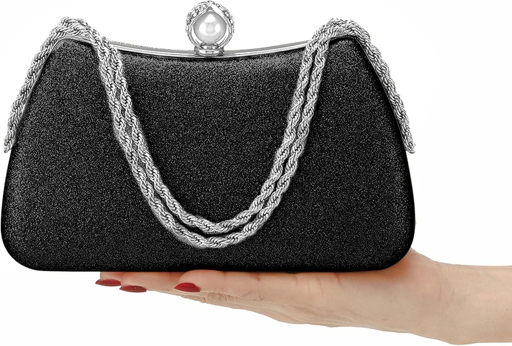 Glitter Evening Clutch Bag for Women – Fancy Bridal Purse with Pearl Clasp & Detachable Chain  Elegant Wedding & Party Handbag for Girls  Luxury Metal Frame Clutch